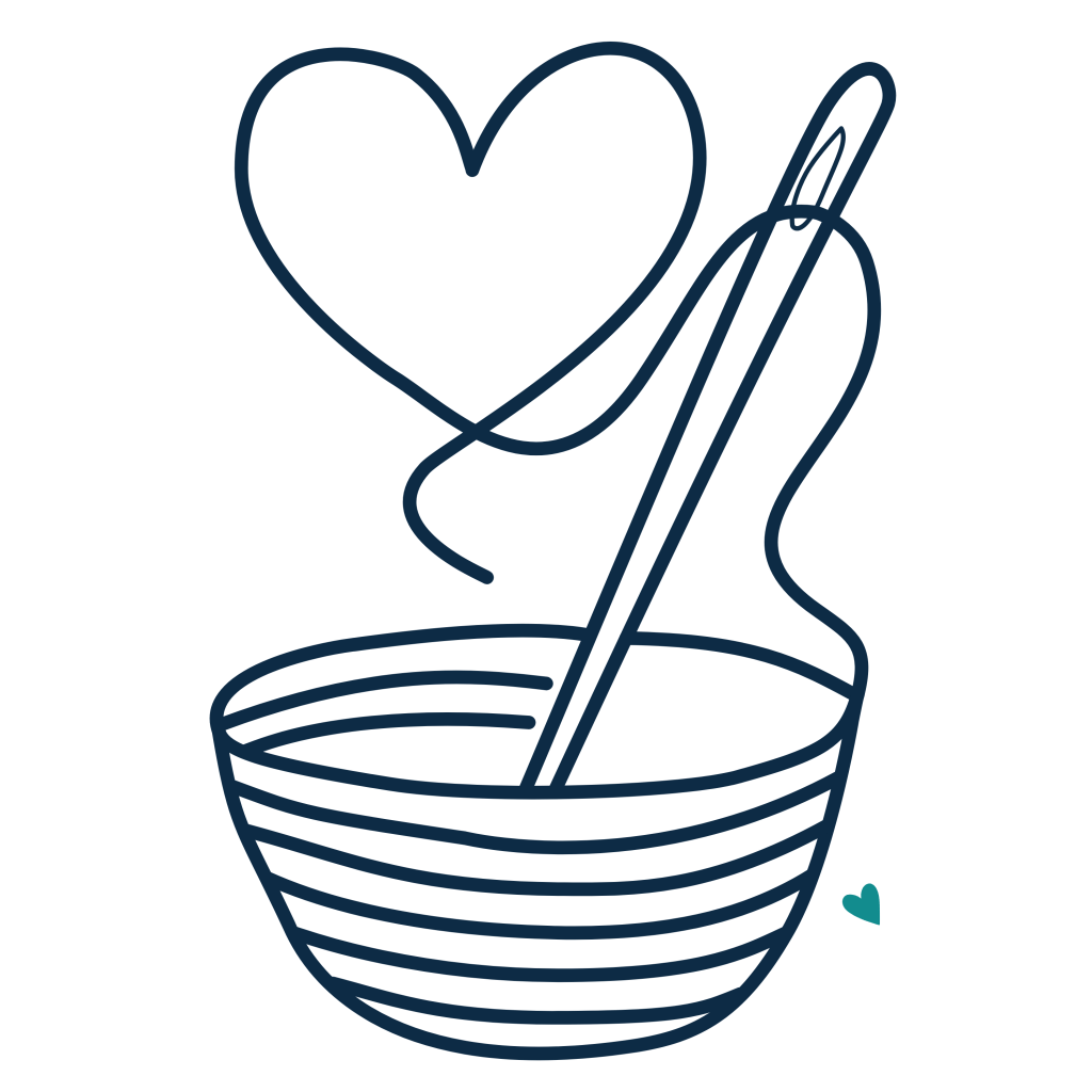 SK logo, navy blue, of rope basket with needle and heart shaped thread and small turquoise heart beside bottom of basket.